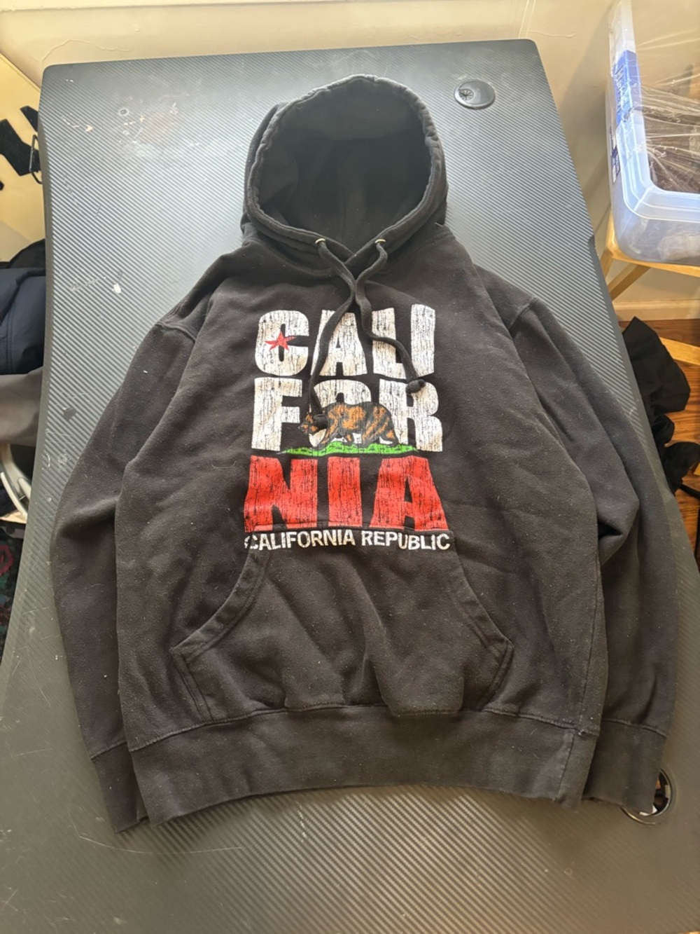 California Republic Black Hoodie with Bear Graphic Size M MEASUREMENTS SHOWN